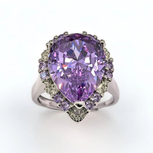 petal cluster designed ring, pear - cut amethyst purple zircon, paved - Sparkslette