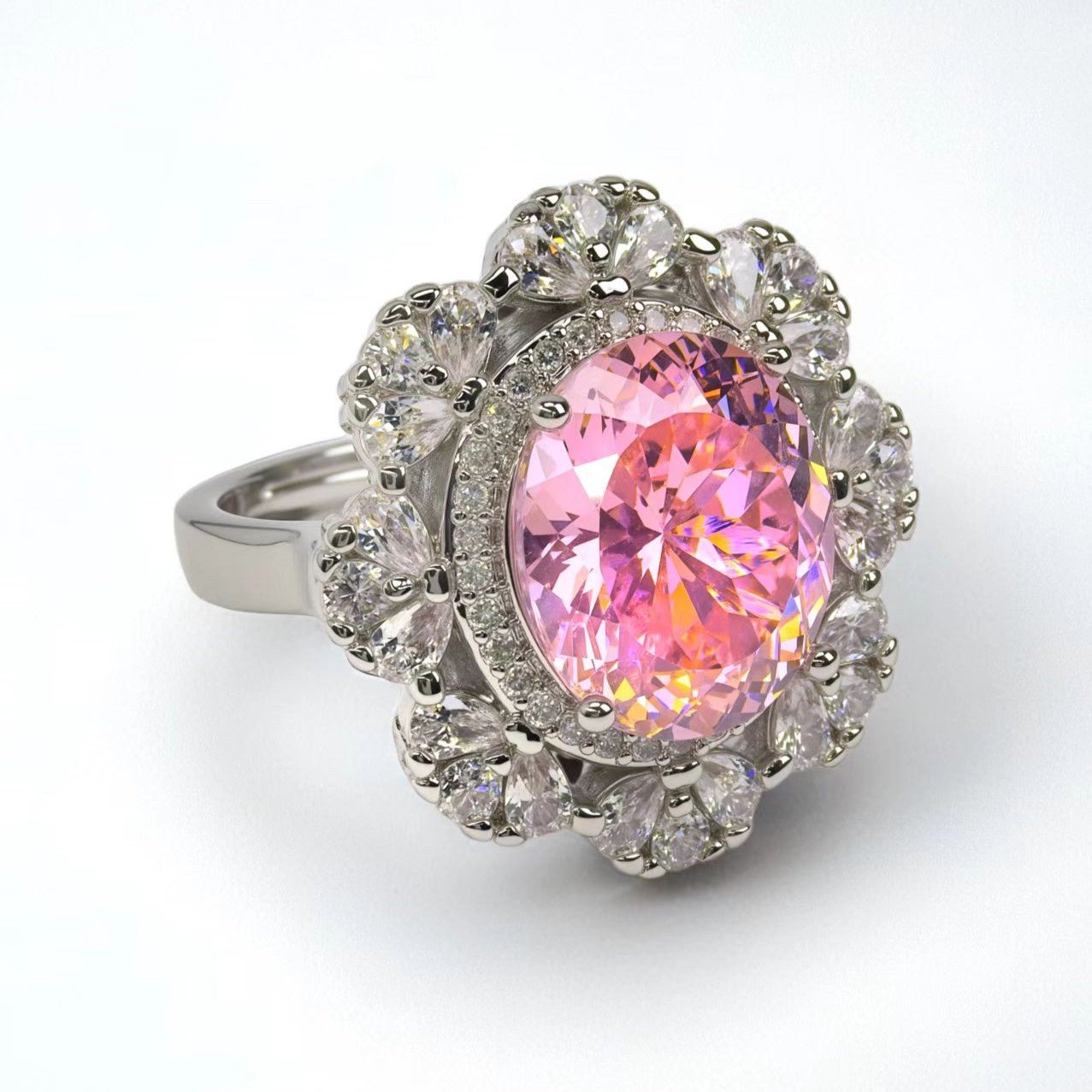 Petal halo cluster ring, oval - cut pink zircon, paved - Sparkslette
