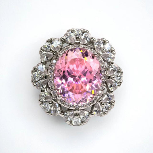 Petal halo cluster ring, oval - cut pink zircon, paved - Sparkslette